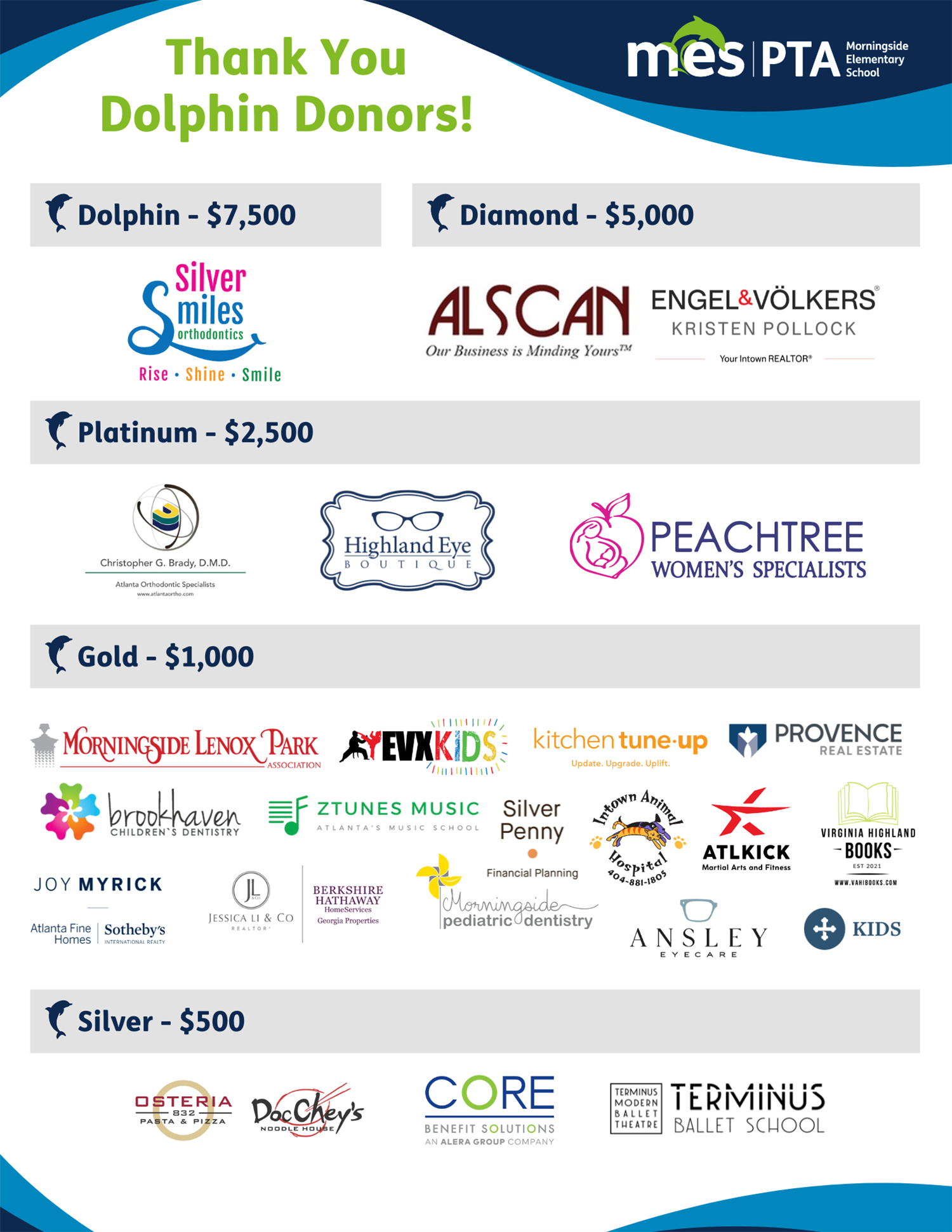 Flyer showing logos of Dolphin Donors at each sponsorship tier Flyer showing logos of Dolphin Donors at each sponsorship tier